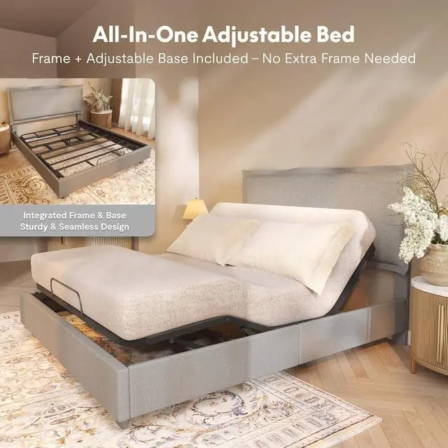 Alt view image 3 of 7 - Queen Adjustable Bed Base with Upholstered Frame, Head & Foot Lift, 600 lbs Capacity, No Box Spring Needed, Minimalist Design, Light Grey, 5-Year Motor & 10-Year Warranty