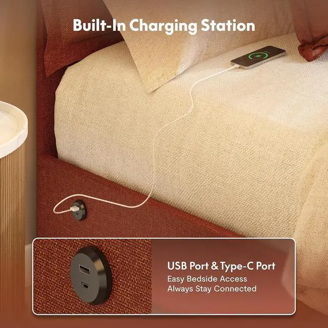 Alt view image 3 of 7 - Queen Flange Edge Upholstered Platform Bed Frame & Adjustable Headboard900 lbs,USB&Type-C Charging Ports,SGS CertifiedSoft Padded Frame for Any Bedroom Style, Orange.