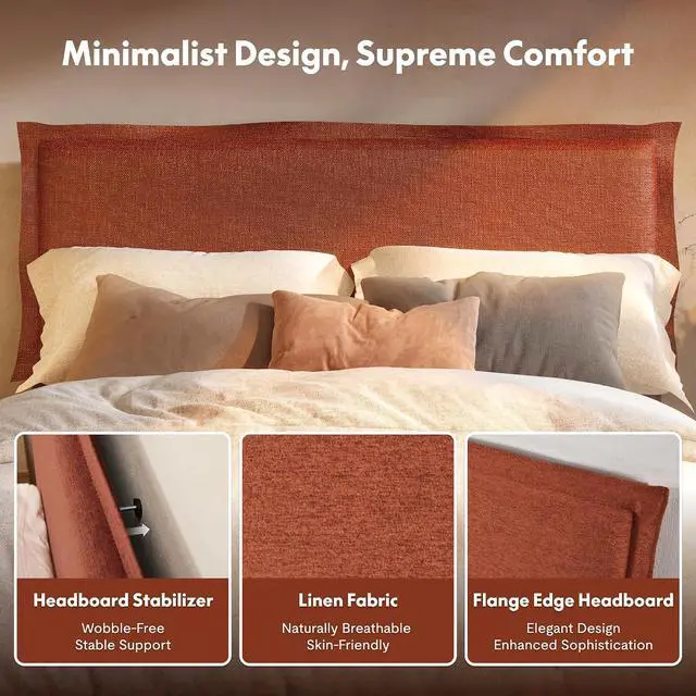 Alt view image 4 of 7 - Queen Flange Edge Upholstered Platform Bed Frame & Adjustable Headboard900 lbs,USB&Type-C Charging Ports,SGS CertifiedSoft Padded Frame for Any Bedroom Style, Orange.