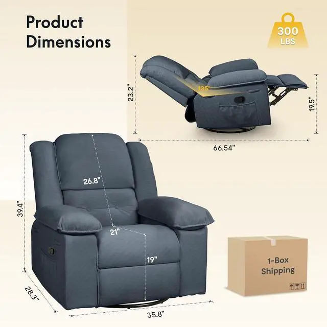 Alt view image 2 of 7 - Swivel Rocker Recliner Chair for Adults with Massage & Heat, 360° Swivel Manual Glider Recliner with Side Pocket, Compact Living Room Apartment Reclining Chair (Blue-Grey)