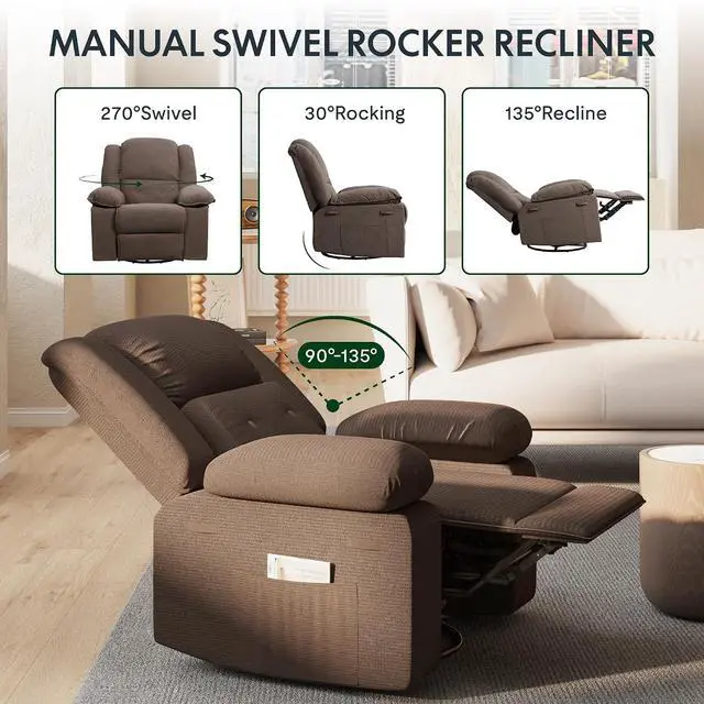 Alt view image 4 of 7 - Rocker Recliner Chair for Adults with Massage & Heat, 360° Swivel Glider, Manual Recliner w/USB Port & Side Pocket, Compact Living Room Apartment Reclining Chair (Brown)