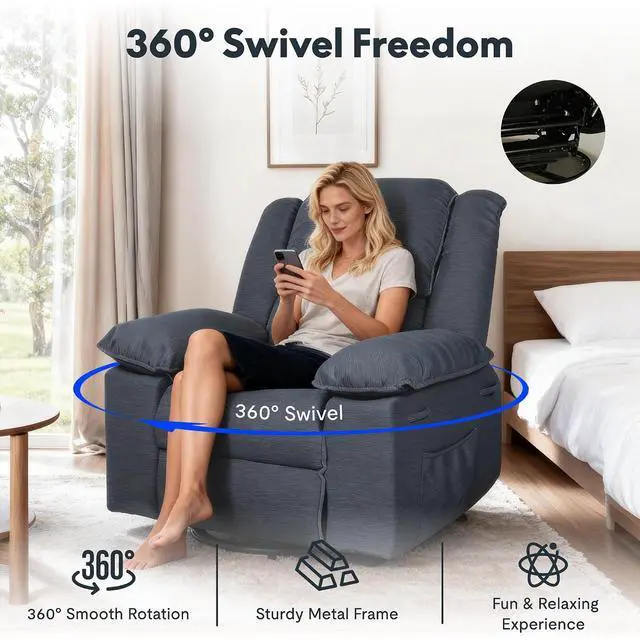 Alt view image 3 of 7 - Swivel Rocker Recliner Chair for Adults with Massage & Heat, 360° Swivel Manual Glider Recliner with Side Pocket, Compact Living Room Apartment Reclining Chair (Blue-Grey)