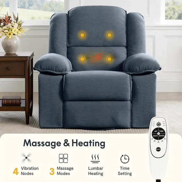 Alt view image 4 of 7 - Swivel Rocker Recliner Chair for Adults with Massage & Heat, 360° Swivel Manual Glider Recliner with Side Pocket, Compact Living Room Apartment Reclining Chair (Blue-Grey)
