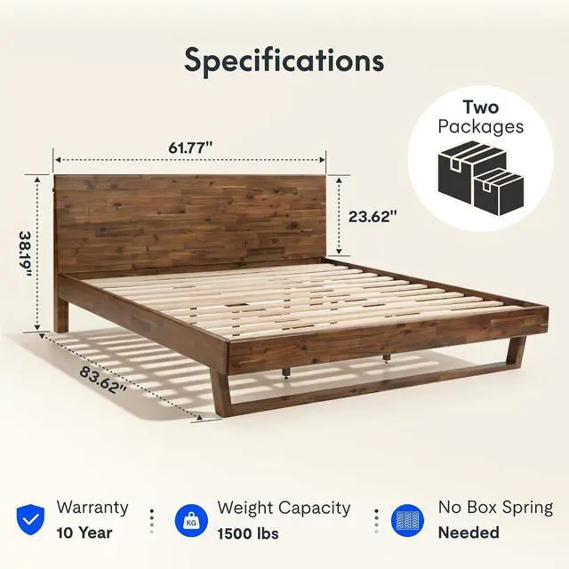 Alt view image 2 of 7 - Hako G3 Solid Acacia Wood Platform Bed Frame Queen with Storage Headboard, 1500 lbs Heavy Duty, Tool-Free Quick Assembly,Mid-Century,Sherwin-Williams Finish, Walnut Brown, 10-Year Warranty