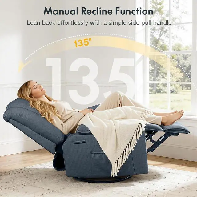 Alt view image 5 of 7 - Swivel Rocker Recliner Chair for Adults with Massage & Heat, 360° Swivel Manual Glider Recliner with Side Pocket, Compact Living Room Apartment Reclining Chair (Blue-Grey)