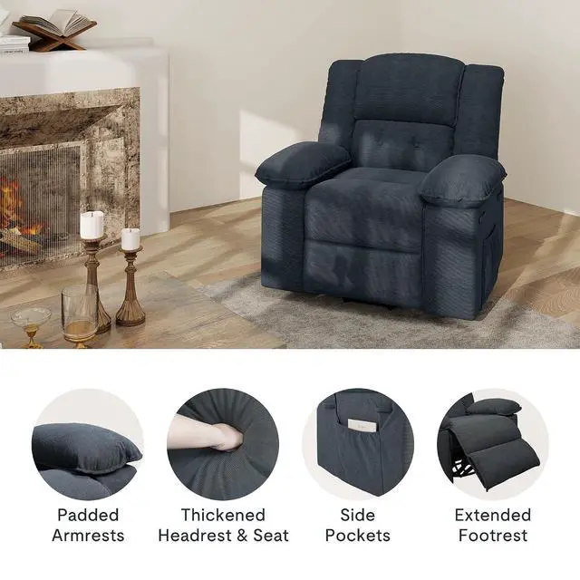 Alt view image 6 of 7 - Swivel Rocker Recliner Chair for Adults with Massage & Heat, 360° Swivel Manual Glider Recliner with Side Pocket, Compact Living Room Apartment Reclining Chair (Blue-Grey)