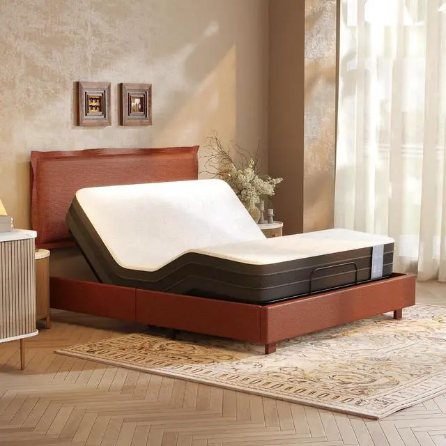 Main image of Queen Adjustable Bed Base with Upholstered Frame, Head & Foot Lift, 600 lbs Capacity, No Box Spring Needed, Minimalist Design, Orange, 5-Year Motor & 10-Year Warranty