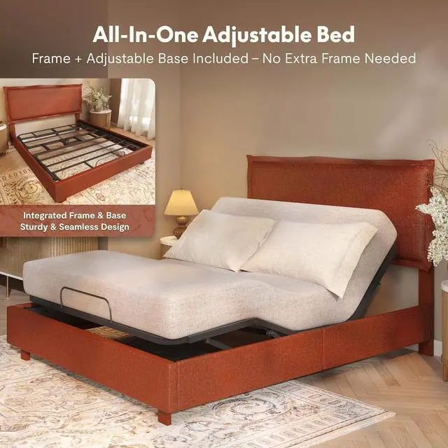 Alt view image 3 of 7 - Queen Adjustable Bed Base with Upholstered Frame, Head & Foot Lift, 600 lbs Capacity, No Box Spring Needed, Minimalist Design, Orange, 5-Year Motor & 10-Year Warranty