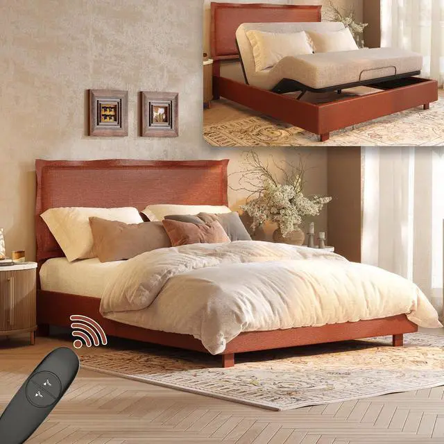 Alt view image 4 of 7 - Queen Adjustable Bed Base with Upholstered Frame, Head & Foot Lift, 600 lbs Capacity, No Box Spring Needed, Minimalist Design, Orange, 5-Year Motor & 10-Year Warranty