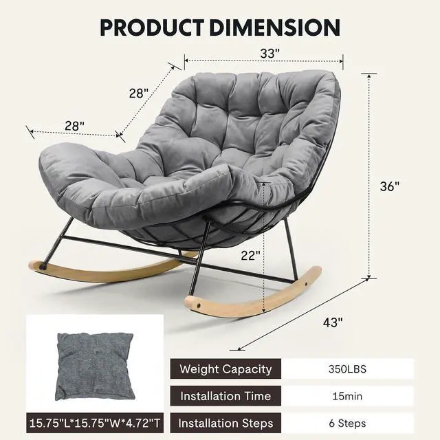 Alt view image 2 of 7 - Oversized Rocking Accent Chair with Thick Cushion & Bonus Pillow, Papasan Style Lounge Chair with Metal Frame & Wood Base, Cozy Living Room Armchair for Bedroom, Balcony, Reading Nook Grey