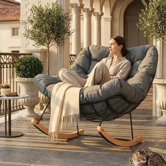 Main image of Oversized Outdoor Rocking Chair with Thick Cushioned Seat & Bonus Pillow Modern Patio Papasan Rocker Lounge Chair with Metal Frame Wood Base Accent Chair for Porch Balcony Living Room Grey