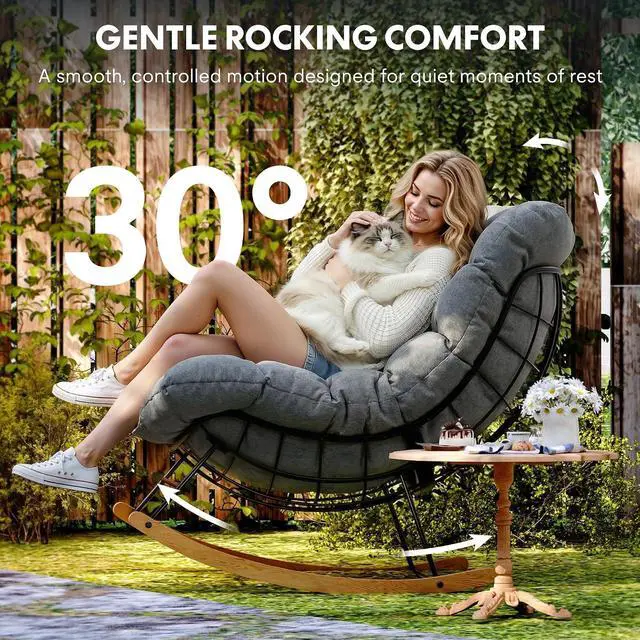 Alt view image 3 of 7 - Oversized Rocking Accent Chair with Thick Cushion & Bonus Pillow, Papasan Style Lounge Chair with Metal Frame & Wood Base, Cozy Living Room Armchair for Bedroom, Balcony, Reading Nook Grey
