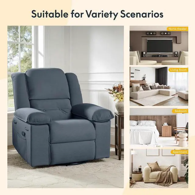 Alt view image 7 of 7 - Swivel Rocker Recliner Chair for Adults with Massage & Heat, 360° Swivel Manual Glider Recliner with Side Pocket, Compact Living Room Apartment Reclining Chair (Blue-Grey)