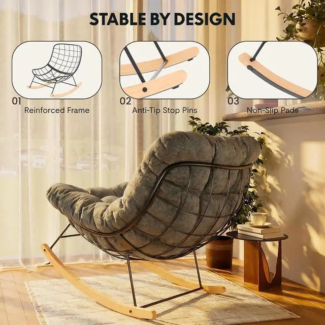 Alt view image 4 of 7 - Oversized Rocking Accent Chair with Thick Cushion & Bonus Pillow, Papasan Style Lounge Chair with Metal Frame & Wood Base, Cozy Living Room Armchair for Bedroom, Balcony, Reading Nook Grey