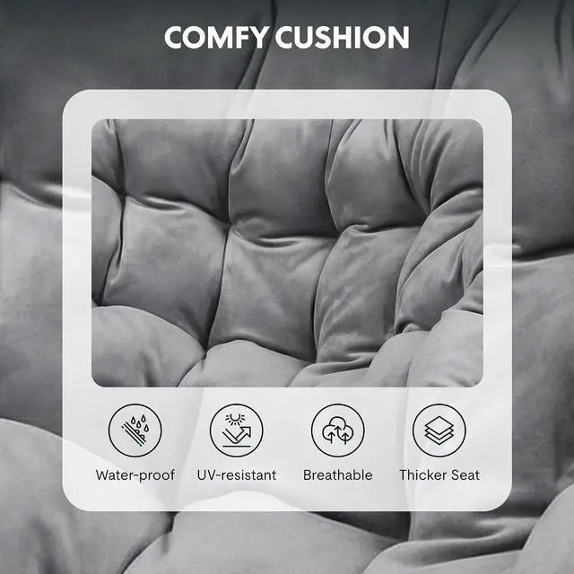 Alt view image 7 of 7 - Oversized Rocking Accent Chair with Thick Cushion & Bonus Pillow, Papasan Style Lounge Chair with Metal Frame & Wood Base, Cozy Living Room Armchair for Bedroom, Balcony, Reading Nook Grey