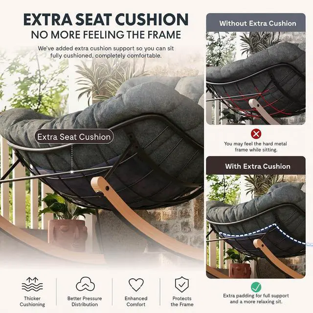 Alt view image 7 of 7 - Oversized Outdoor Rocking Chair with Thick Cushioned Seat & Bonus Pillow Modern Patio Papasan Rocker Lounge Chair with Metal Frame Wood Base Accent Chair for Porch Balcony Living Room Grey