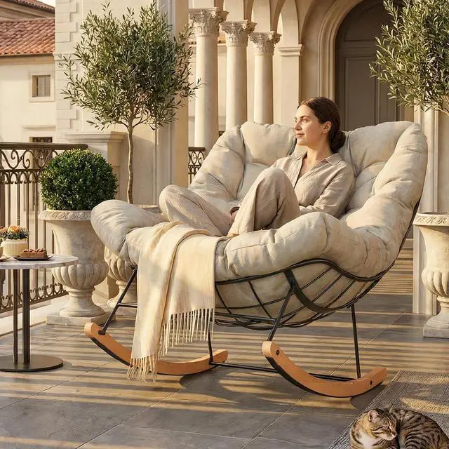 Main image of Oversized Outdoor Rocking Chair with Thick Cushioned Seat & Bonus Pillow Modern Patio Papasan Rocker Lounge Chair with Metal Frame Wood Base Accent Chair for Porch Balcony Living Room Beige