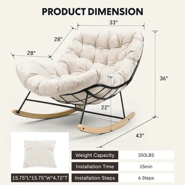Alt view image 2 of 7 - Oversized Outdoor Rocking Chair with Thick Cushioned Seat & Bonus Pillow Modern Patio Papasan Rocker Lounge Chair with Metal Frame Wood Base Accent Chair for Porch Balcony Living Room Beige