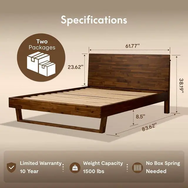 Alt view image 2 of 7 - Hako G3 Queen Solid Acacia Wood Platform Bed Frame with Storage Headboard, Tool-Free Fast Assembly,1500 lbs,Premium Sherwin-Williams Finish, SGS Certified, 10-Year WarrantyWalnut Brown