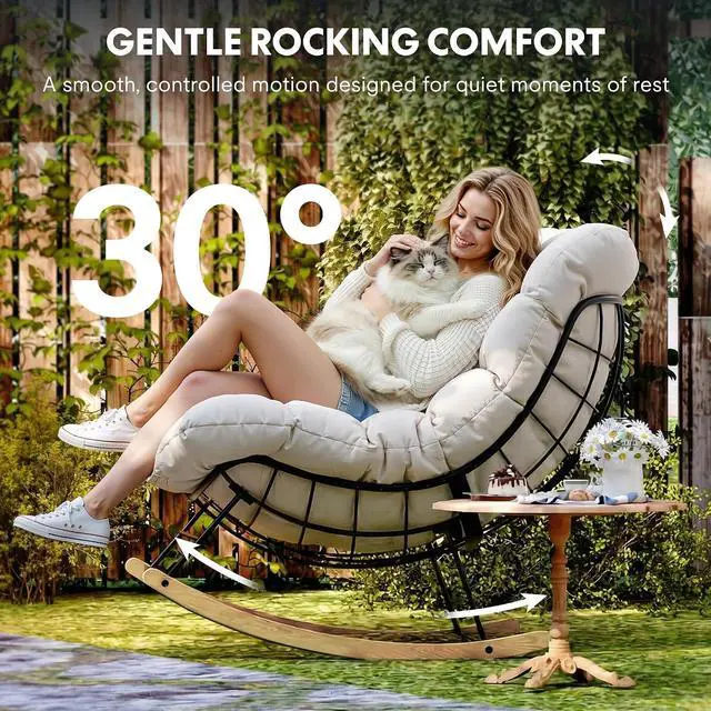 Alt view image 3 of 7 - Oversized Outdoor Rocking Chair with Thick Cushioned Seat & Bonus Pillow Modern Patio Papasan Rocker Lounge Chair with Metal Frame Wood Base Accent Chair for Porch Balcony Living Room Beige
