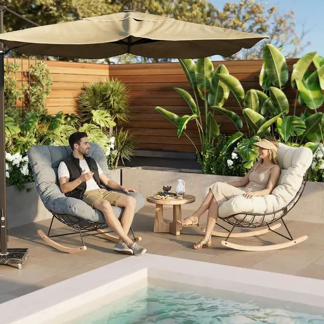 Alt view image 4 of 7 - Oversized Outdoor Rocking Chair with Thick Cushioned Seat & Bonus Pillow Modern Patio Papasan Rocker Lounge Chair with Metal Frame Wood Base Accent Chair for Porch Balcony Living Room Beige