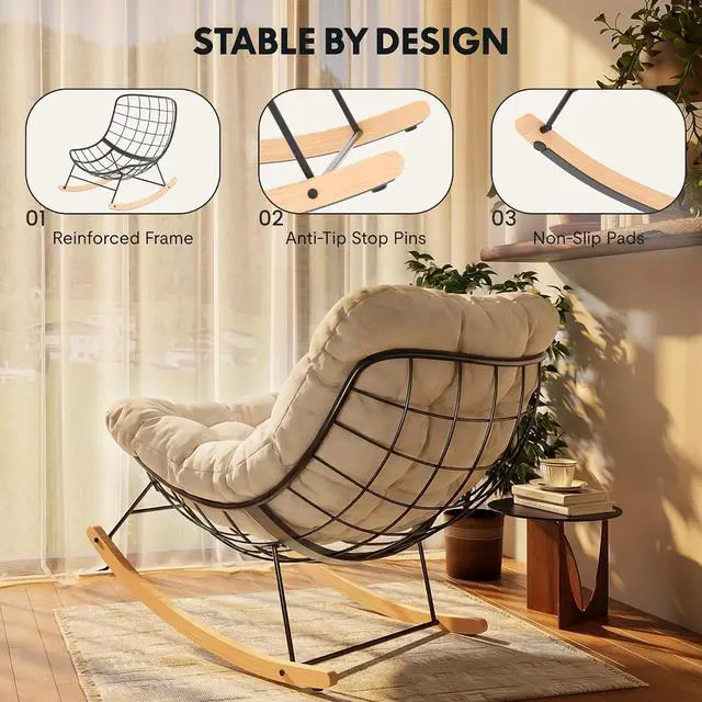 Alt view image 5 of 7 - Oversized Outdoor Rocking Chair with Thick Cushioned Seat & Bonus Pillow Modern Patio Papasan Rocker Lounge Chair with Metal Frame Wood Base Accent Chair for Porch Balcony Living Room Beige