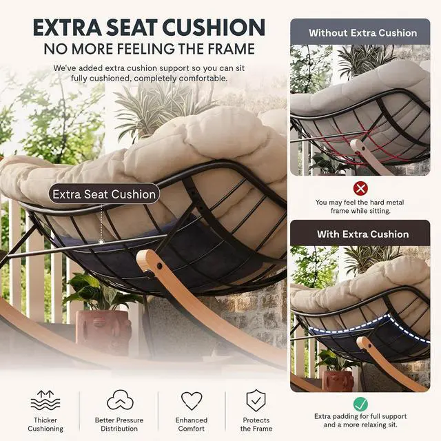 Alt view image 7 of 7 - Oversized Outdoor Rocking Chair with Thick Cushioned Seat & Bonus Pillow Modern Patio Papasan Rocker Lounge Chair with Metal Frame Wood Base Accent Chair for Porch Balcony Living Room Beige