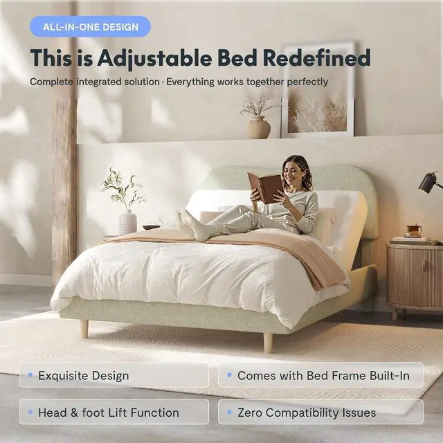 Alt view image 3 of 7 - Queen Adjustable Bed, Complete with Linen Upholstered Bed Frame, Quiet Powerful DC Motor, Easy Assembly Ideal for Relaxation, Reading, and Pressure Relief