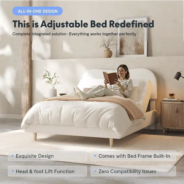 Alt view image 3 of 7 - Queen Adjustable Bed, Complete with Boucle Upholstered Bed Frame, Quiet Powerful DC Motor, Easy Assembly Ideal for Relaxation, Reading, and Pressure Relief