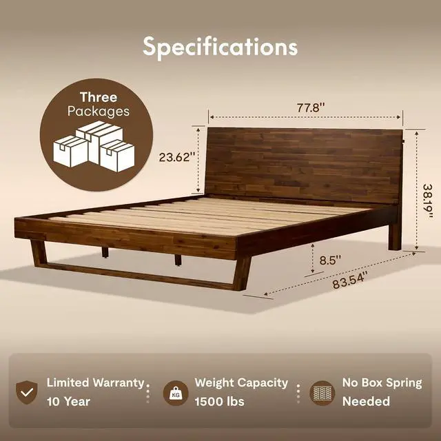 Alt view image 2 of 7 - Hako G3 King Solid Acacia Wood Platform Bed Frame with Storage Headboard, Tool-Free Fast Assembly,1500 lbs,Premium Sherwin-Williams Finish, SGS Certified, 10-Year WarrantyWalnut Brown