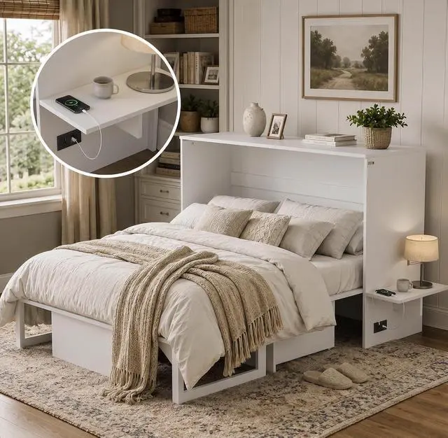 Main image of Queen Murphy Bed Cabinet with Storage Drawer & Charging Station, 1200 LBS Heavy Duty Wood Wall Bed with Fold-Down Desk for Guest Room & Home Office, No Box Spring Needed