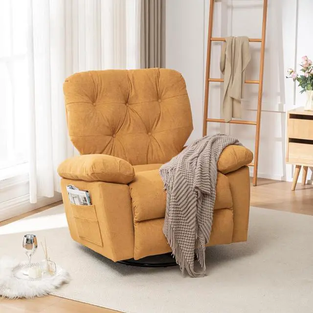 Main image of Upholstered Glider Chair, 360° Swivel Rocking Recliner Chair with Foot Rest, Soft Artificial Fleece & Side Pocket, Overstuffed Comfort, Yellow