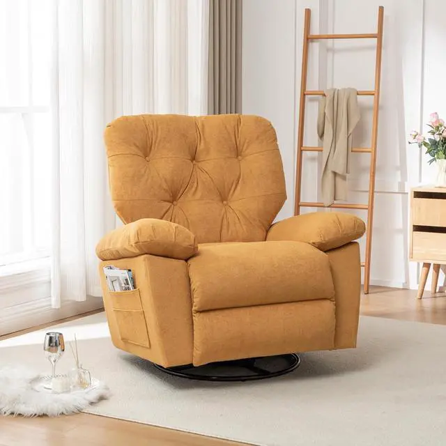 Alt view image 4 of 7 - Upholstered Glider Chair, 360° Swivel Rocking Recliner Chair with Foot Rest, Soft Artificial Fleece & Side Pocket, Overstuffed Comfort, Yellow