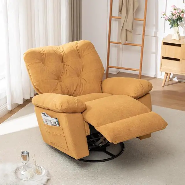 Alt view image 3 of 7 - Upholstered Glider Chair, 360° Swivel Rocking Recliner Chair with Foot Rest, Soft Artificial Fleece & Side Pocket, Overstuffed Comfort, Yellow