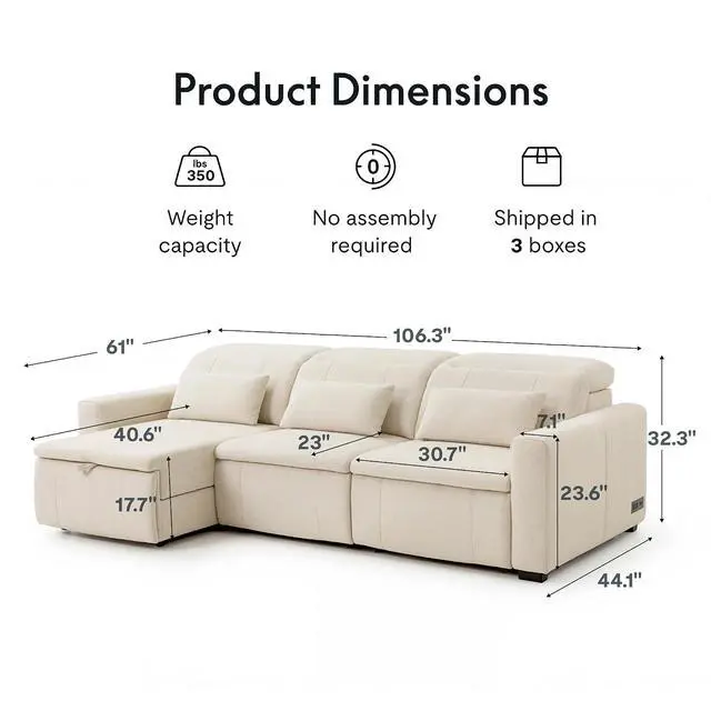 Alt view image 2 of 7 - Zero Wall Power Sofa Bed with Storage Chaise, L-Shaped Electric Reclining Sectional Sofa with Adjustable Headrests, Power Outlet & USB Ports, 3-Seat Sleeper Couch for Living Room, Beige