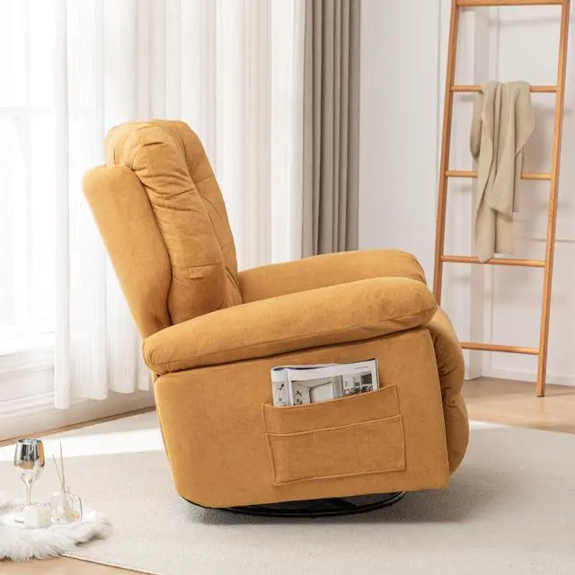 Alt view image 5 of 7 - Upholstered Glider Chair, 360° Swivel Rocking Recliner Chair with Foot Rest, Soft Artificial Fleece & Side Pocket, Overstuffed Comfort, Yellow