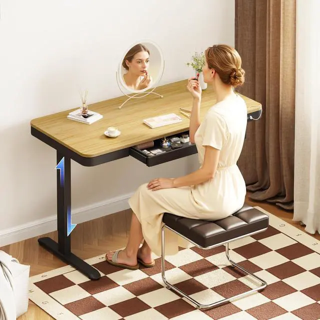 Main image of Electric Standing Makeup Vanity Desk with Drawer and USB Charge Ports,48 Height Adjustable Quick Install Dressing Table for Women Girls Bedroom Dressing Room,Bamboo-Look Laminate/Black