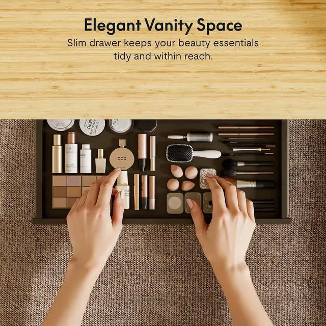 Alt view image 3 of 7 - Electric Standing Makeup Vanity Desk with Drawer and USB Charge Ports,48 Height Adjustable Quick Install Dressing Table for Women Girls Bedroom Dressing Room,Bamboo-Look Laminate/Black