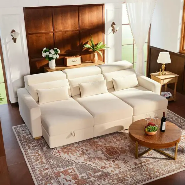 Main image of Zero Wall Power Sofa Bed with Storage Chaise, L-Shaped Electric Reclining Sectional Sofa with Adjustable Headrests, Power Outlet & USB Ports, 3-Seat Sleeper Couch for Living Room, Beige