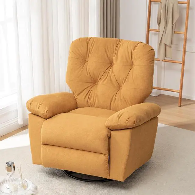 Alt view image 6 of 7 - Upholstered Glider Chair, 360° Swivel Rocking Recliner Chair with Foot Rest, Soft Artificial Fleece & Side Pocket, Overstuffed Comfort, Yellow