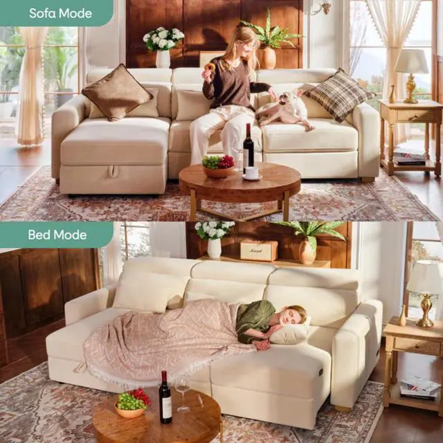 Alt view image 3 of 7 - Zero Wall Power Sofa Bed with Storage Chaise, L-Shaped Electric Reclining Sectional Sofa with Adjustable Headrests, Power Outlet & USB Ports, 3-Seat Sleeper Couch for Living Room, Beige