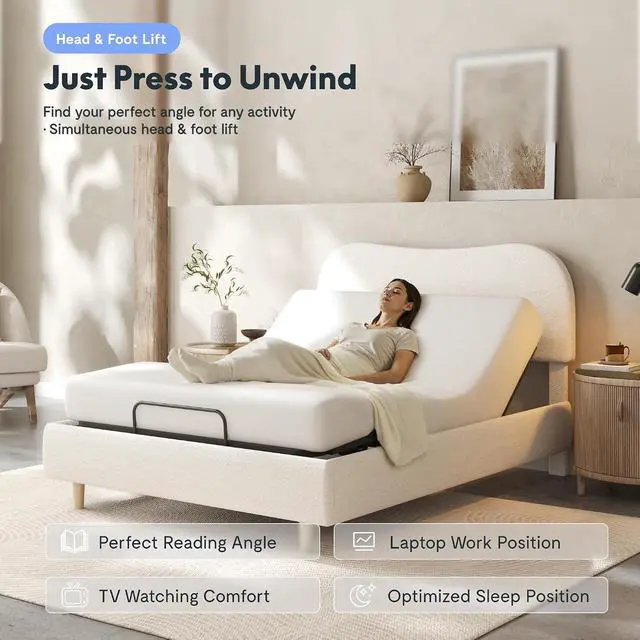 Alt view image 5 of 7 - Queen Adjustable Bed, Complete with Boucle Upholstered Bed Frame, Quiet Powerful DC Motor, Easy Assembly Ideal for Relaxation, Reading, and Pressure Relief