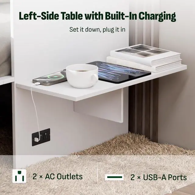Alt view image 5 of 7 - Queen Murphy Bed Cabinet with Storage Drawer & Charging Station, 1200 LBS Heavy Duty Wood Wall Bed with Fold-Down Desk for Guest Room & Home Office, No Box Spring Needed