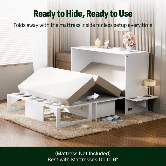 Alt view image 7 of 7 - Queen Murphy Bed Cabinet with Storage Drawer & Charging Station, 1200 LBS Heavy Duty Wood Wall Bed with Fold-Down Desk for Guest Room & Home Office, No Box Spring Needed