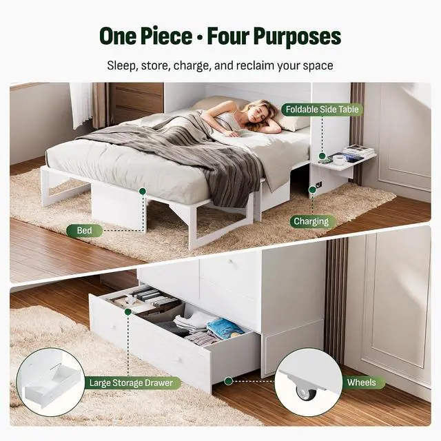 Alt view image 6 of 7 - Queen Murphy Bed Cabinet with Storage Drawer & Charging Station, 1200 LBS Heavy Duty Wood Wall Bed with Fold-Down Desk for Guest Room & Home Office, No Box Spring Needed