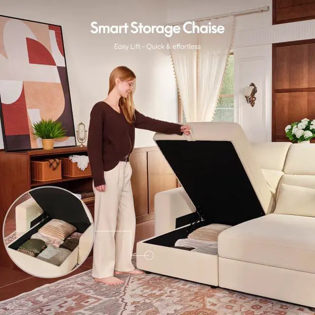 Alt view image 6 of 7 - Zero Wall Power Sofa Bed with Storage Chaise, L-Shaped Electric Reclining Sectional Sofa with Adjustable Headrests, Power Outlet & USB Ports, 3-Seat Sleeper Couch for Living Room, Beige