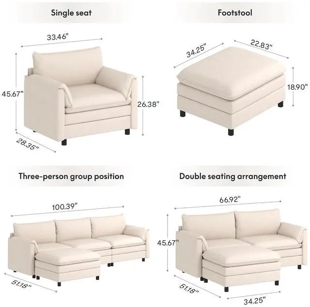 Alt view image 2 of 7 - SF6 L-Shaped Cloud Sectional Couch with Storage Ottoman, 3-Seater Modular Sectional Sofa, 100.4" Wide Comfy Upholstered Sofa Couch for Living Room Apartment, Chenille White