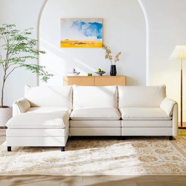 Main image of SF6 L-Shaped Cloud Sectional Couch with Storage Ottoman, 3-Seater Modular Sectional Sofa, 100.4" Wide Comfy Upholstered Sofa Couch for Living Room Apartment, Chenille White