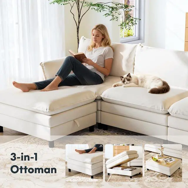 Alt view image 3 of 7 - SF6 L-Shaped Cloud Sectional Couch with Storage Ottoman, 3-Seater Modular Sectional Sofa, 100.4" Wide Comfy Upholstered Sofa Couch for Living Room Apartment, Chenille White