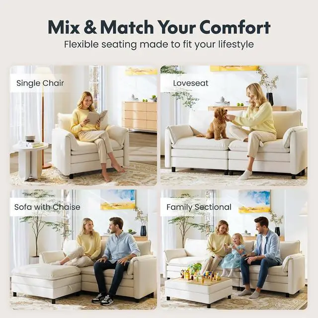 Alt view image 4 of 7 - SF6 L-Shaped Cloud Sectional Couch with Storage Ottoman, 3-Seater Modular Sectional Sofa, 100.4" Wide Comfy Upholstered Sofa Couch for Living Room Apartment, Chenille White